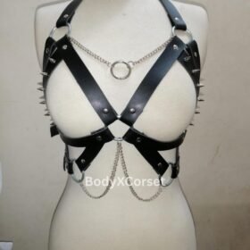 Black Leather Spiked Harness Bra with Chains | Gothic Punk Fetish Lingerie | Adjustable BDSM Body Cage Top | Festival Rave Outfit