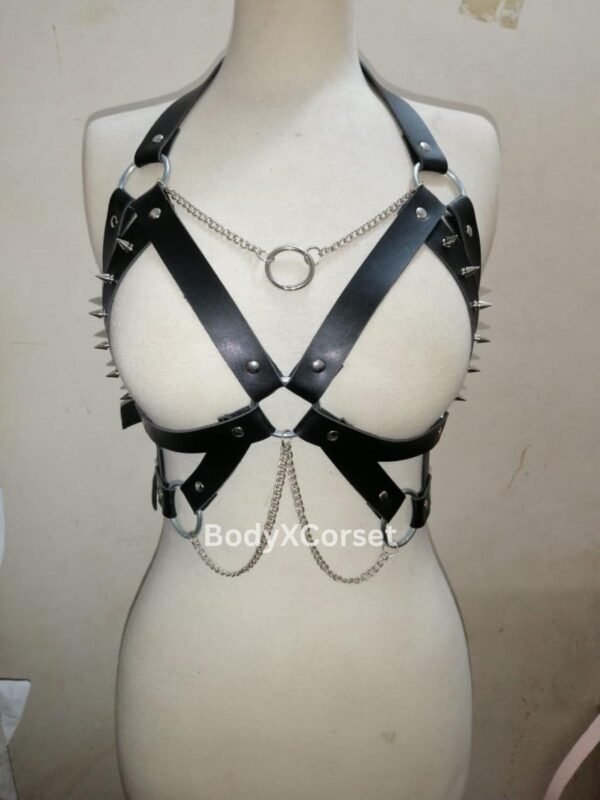 Black Leather Spiked Harness Bra with Chains | Gothic Punk Fetish Lingerie | Adjustable BDSM Body Cage Top | Festival Rave Outfit