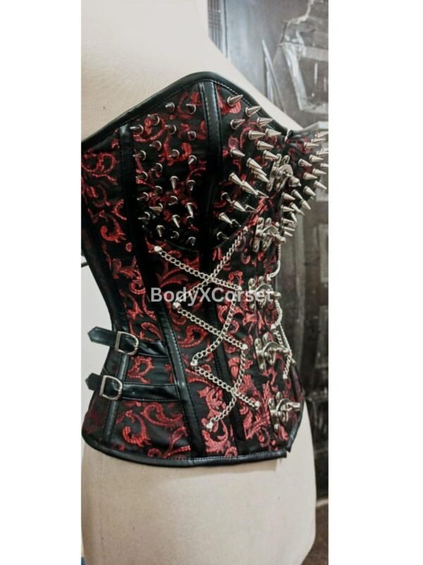 Gothic Spiked Brocade Corset: Steampunk Skull Hook Waist Cincher