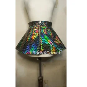 Holographic PVC Skater Skirt: Iridescent Rave Cyberpunk Outfit