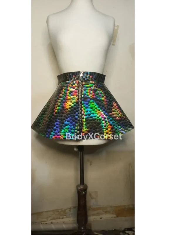 Holographic PVC Skater Skirt: Iridescent Rave Cyberpunk Outfit