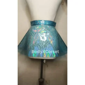 Holographic Mermaid Skater Skirt: Iridescent Blue Vinyl Rave Costume