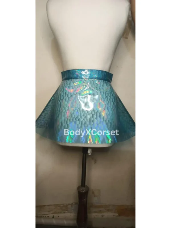 Holographic Mermaid Skater Skirt: Iridescent Blue Vinyl Rave Costume