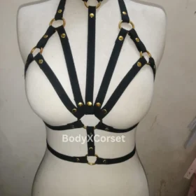 Black Gothic Body Harness: Adjustable Strappy Cage Bra with Gold Rings