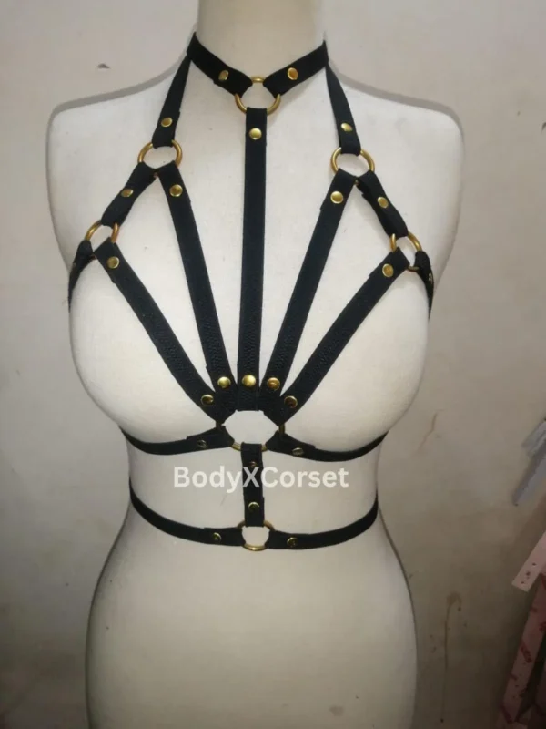 Black Gothic Body Harness: Adjustable Strappy Cage Bra with Gold Rings