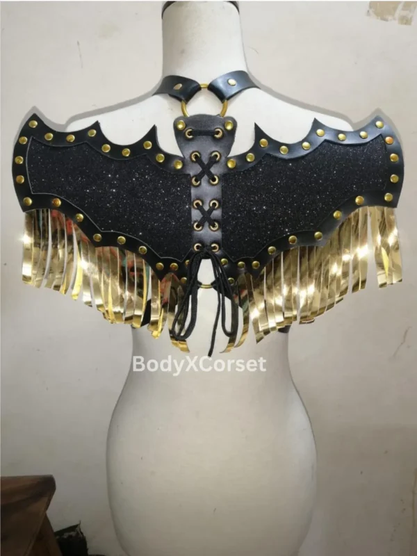 Gothic Leather Shoulder Armor Cape: Gold Fringe Festival Cosplay Epaulette