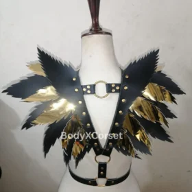Feather Epaulette: Black & Gold Faux Leather Shoulder Armor, Gothic Cosplay
