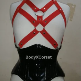 Red Bondage Harness with Black PVC Waist Corset – Gothic Adjustable Fetish Body Harness, BDSM Corset Belt for Rave, Festival, Costume Wear