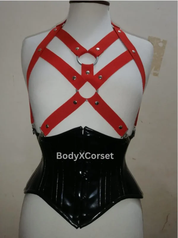 Red Bondage Harness with Black PVC Waist Corset – Gothic Adjustable Fetish Body Harness, BDSM Corset Belt for Rave, Festival, Costume Wear
