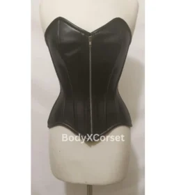 Black faux leather overbust corset gothic steampunk bustier