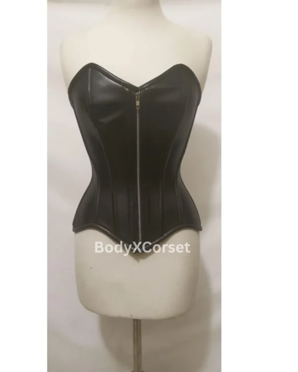 Black faux leather overbust corset gothic steampunk bustier