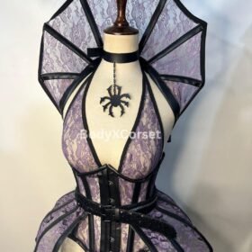 Gothic Vampire Lace Corset: High Collar Peplum, Burlesque Costume