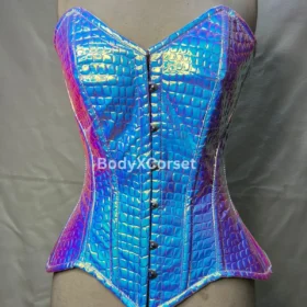Blue Holographic Overbust Corset Steel Boned Iridescent Bodice
