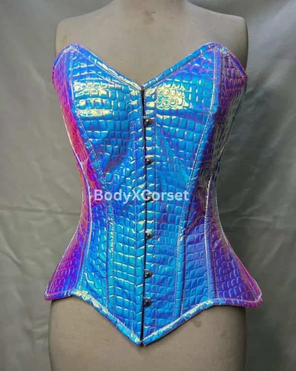 Blue Holographic Overbust Corset Steel Boned Iridescent Bodice