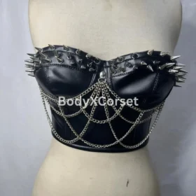 Spiked Faux Leather Corset Top: Gothic Punk Chain Bustier