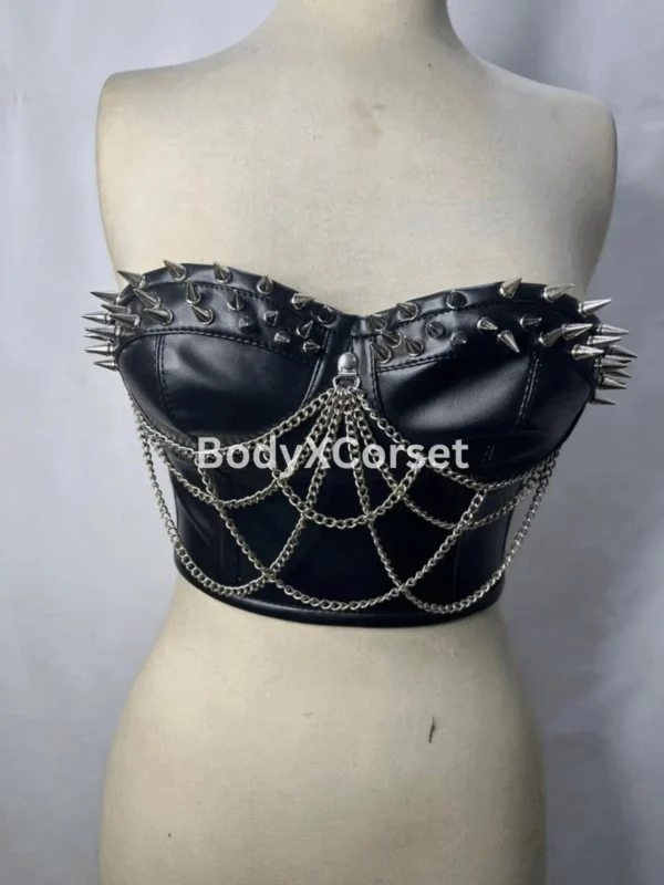 Spiked Faux Leather Corset Top: Gothic Punk Chain Bustier