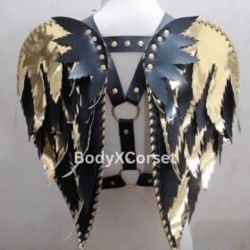 Gold & Black Faux Leather Wing Shoulder Harness: Festival Cosplay Costume Gothic Outfit Accessory