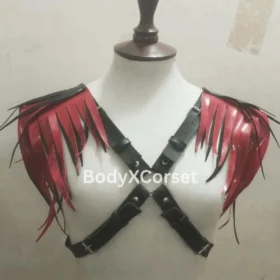 Red & Black Fringe Shoulder Harness: Cosplay Rave Leather Epaulets