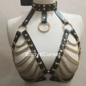 Black Faux Leather Harness Bra with Gold Chains - Gothic Rave Top