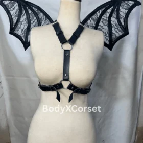 Gothic Bat Wing Harness Bra: Lace & Faux Leather Festival Body Cage Halloween Fetish Costume