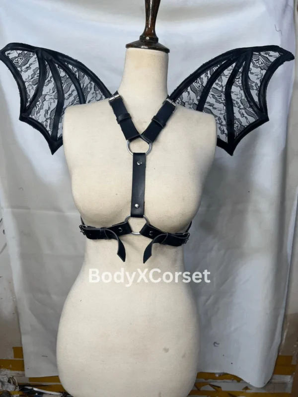 Gothic Bat Wing Harness Bra: Lace & Faux Leather Festival Body Cage Halloween Fetish Costume