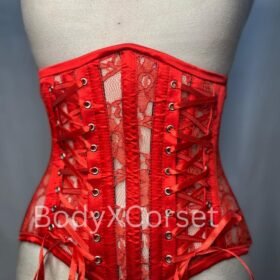 Red Lace Underbust Corset with ribbon lacing and steel boning