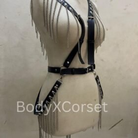 Black Faux Leather Chain Bralette Harness: Gothic Rave Festival Top