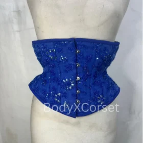 Embroidered Blue Underbust Corset: Beaded Sequin Waspie, Steel Boned Handmade Wedding Cosplay Wear