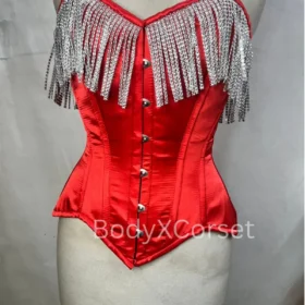 Red Satin Overbust Corset: Steel Boned, Silver Chain Detail