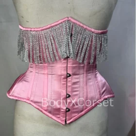 Pink Satin Underbust Corset: Steel Boned Waspie with Silver Chains