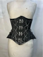 Black Brocade Gothic Underbust Corset with silver chains and steel boning on a mannequin curycorset.com