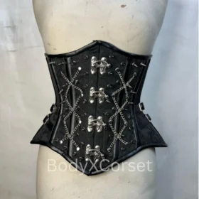 Black Brocade Gothic Underbust Corset with silver chains and steel boning on a mannequin curycorset.com