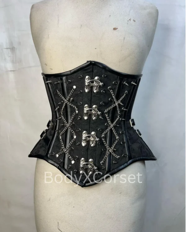 Black Brocade Gothic Underbust Corset with silver chains and steel boning on a mannequin curycorset.com