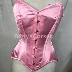 Light Pink Satin Overbust Corset: Steel Boned Longline Waist Trainer