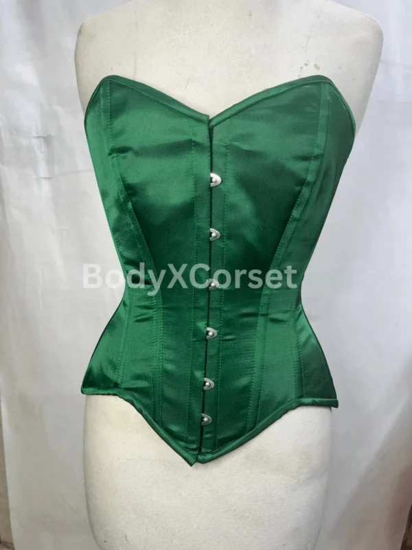 Dark Green Satin Overbust Corset: Steel Boned Longline Waist Trainer