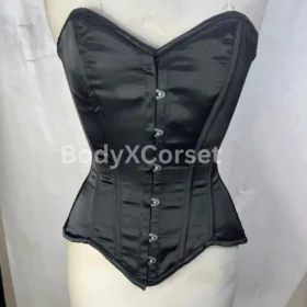 Black Satin Overbust Corset: Steel Boned Longline Waist Trainer Strapless Gothic Top
