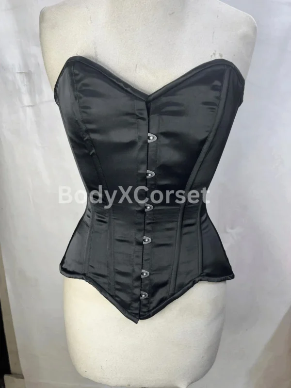 Black Satin Overbust Corset: Steel Boned Longline Waist Trainer Strapless Gothic Top