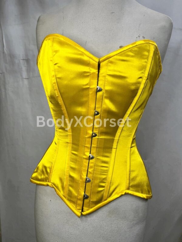 Yellow Satin Overbust Corset: Steel Boned Longline Waist Trainer