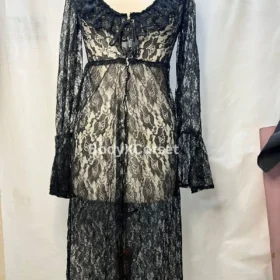 Black Lace Sheer Robe Dress | Gothic Vintage Lingerie Cover Up | Long Sleeve Mesh Nightgown | Romantic Lace Maxi Dress Witchy Boudoir Outfit