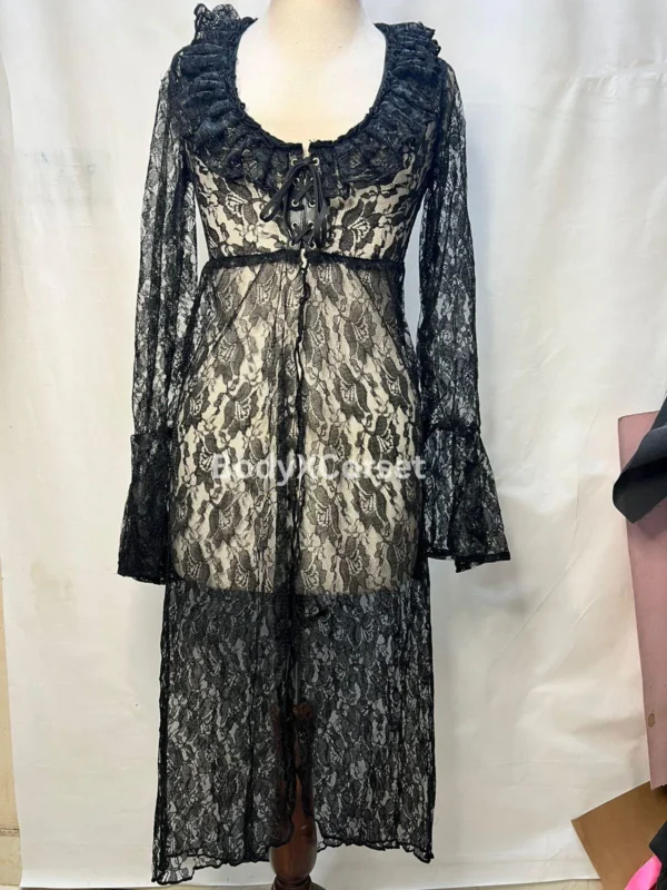 Black Lace Sheer Robe Dress | Gothic Vintage Lingerie Cover Up | Long Sleeve Mesh Nightgown | Romantic Lace Maxi Dress Witchy Boudoir Outfit