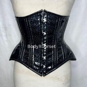 shiny Black PVC Underbust Corset with steel busk closure