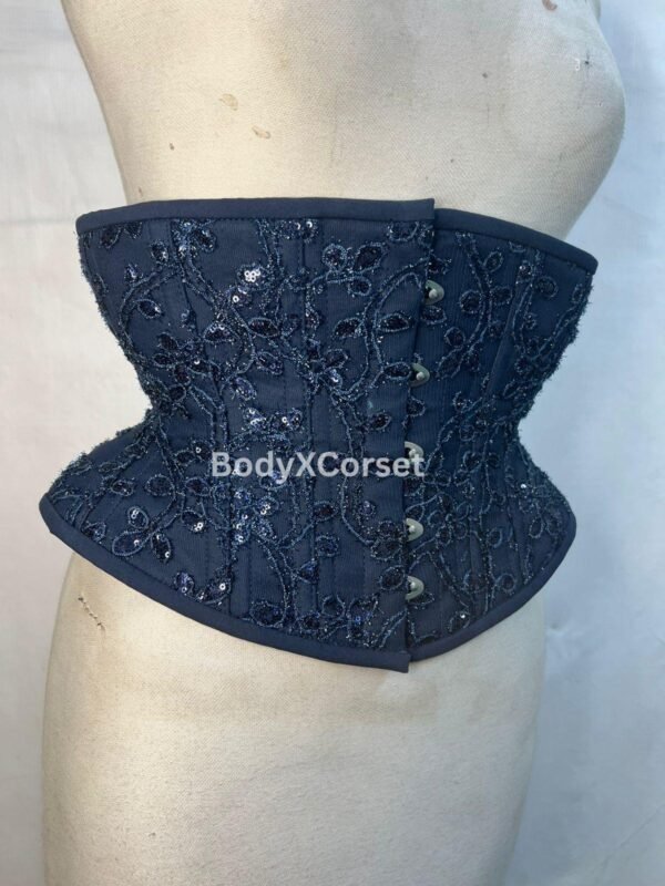 Navy Sequin Embroidered Corset: Gothic Steel Boned Waist Cincher