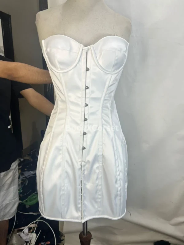 White Satin Corset Mini Dress: Strapless Boned Bodycon Bridal Party Dress Custom Elegant Fit