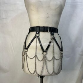Faux Leather Body Chain Harness: Gothic Rave Cage Belt with Silver Chains