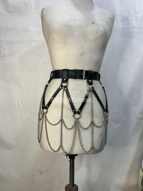 Faux Leather Body Chain Harness: Gothic Rave Cage Belt with Silver Chains