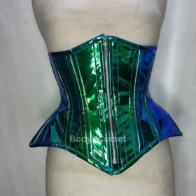 Holographic PVC Corset: Iridescent Green Blue Waist Trainer, Burlesque Steampunk