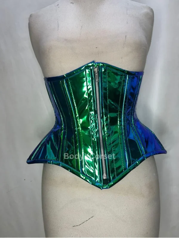 Holographic PVC Corset: Iridescent Green Blue Waist Trainer, Burlesque Steampunk