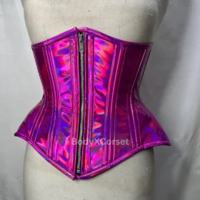 Holographic Fuchsia PVC Corset: Steel Boned Hourglass Waist Cincher Vinyl Festival Cyberpunk Rave Wear