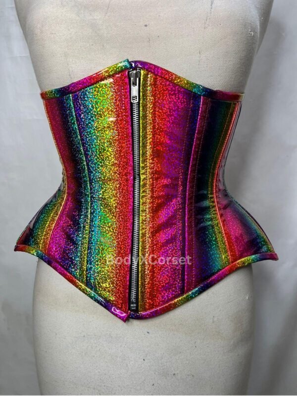 Rainbow Holographic Underbust Corset: Rave Festival Waist Trainer Festival Pride, Cosplay & Vinyl Burlesque