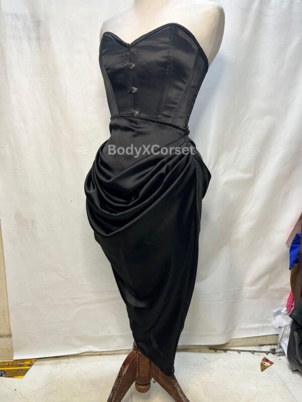 Gothic Black Satin Corset Dress: Victorian Bustier Gown, Ruched Skirt Prom Dress